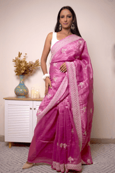 Handloom Fuchsia Chanderi Silk Saree with Zari Buta Border - IMG_0490