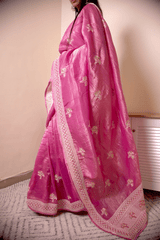 Handloom Fuchsia Chanderi Silk Saree with Zari Buta Border - IMG_0493