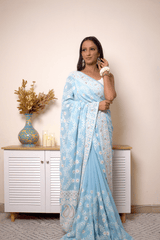 Lucknawi Chikankari Georgette Saree in Sky Blue - IMG_0518
