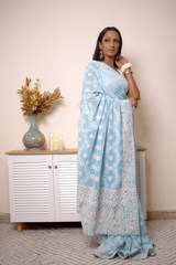 Lucknawi Chikankari Georgette Saree in Sky Blue - IMG_0520