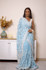 Lucknawi Chikankari Georgette Saree in Sky Blue - IMG_0525