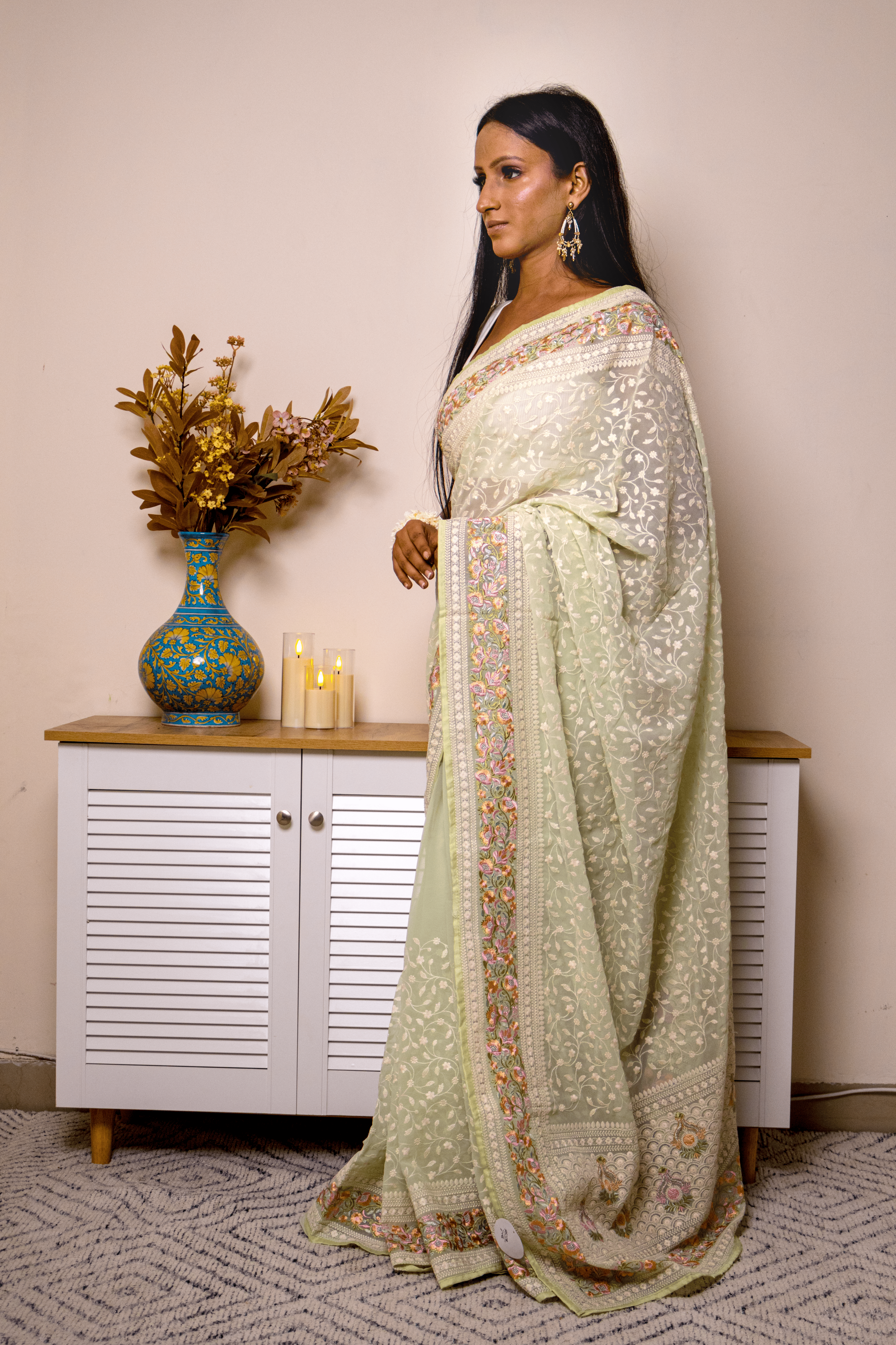 Lucknawi Chikankari Georgette Saree in Mint Green - IMG_0621