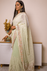Lucknawi Chikankari Georgette Saree in Mint Green - IMG_0633