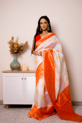 Lucknawi Chikankari Georgette Saree in Orange & White - IMG_0879
