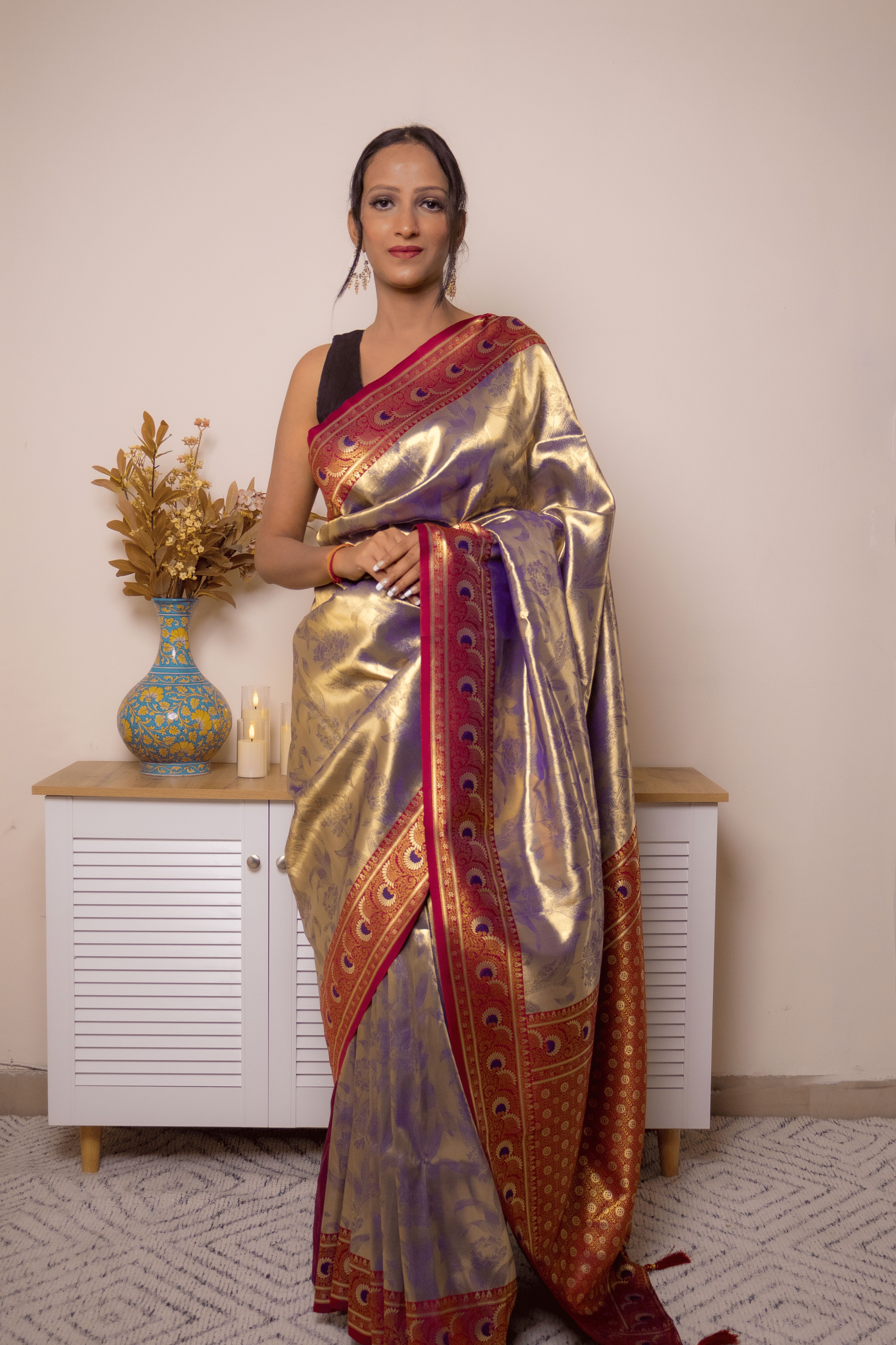 Gold-Purple Paithani Silk Saree with Maroon Border - IMG_1007