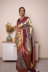 Gold-Purple Paithani Silk Saree with Maroon Border - IMG_1008