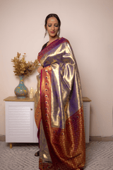 Gold-Purple Paithani Silk Saree with Maroon Border - IMG_1009