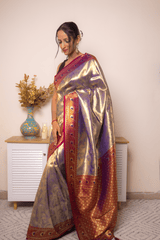 Gold-Purple Paithani Silk Saree with Maroon Border - IMG_1010