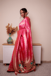 Fuchsia Paithani Silk Saree with Gold Zari & Floral Pallu - IMG_1024