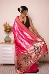 Fuchsia Paithani Silk Saree with Gold Zari & Floral Pallu - IMG_1026