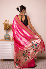 Fuchsia Paithani Silk Saree with Gold Zari & Floral Pallu - IMG_1026
