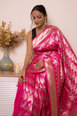 Fuchsia Paithani Silk Saree with Gold Zari & Floral Pallu - IMG_1032