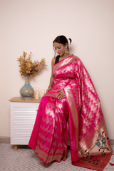 Fuchsia Paithani Silk Saree with Gold Zari & Floral Pallu - IMG_1033