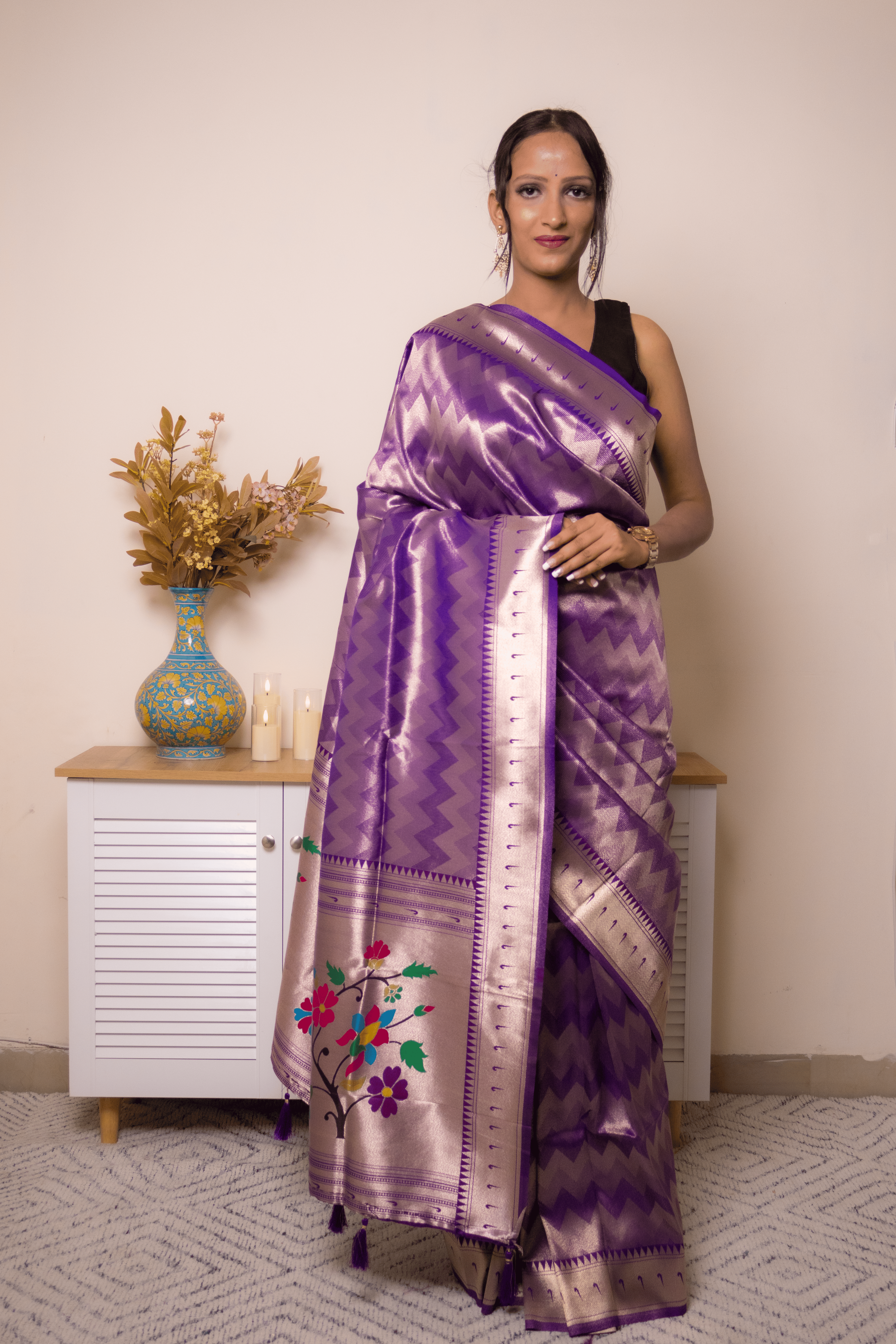 Royal Purple Paithani Silk Saree with Floral Pallu - IMG_1035