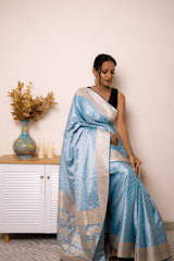 Sky-Blue Paithani Silk Saree with Zari Border - IMG_1058