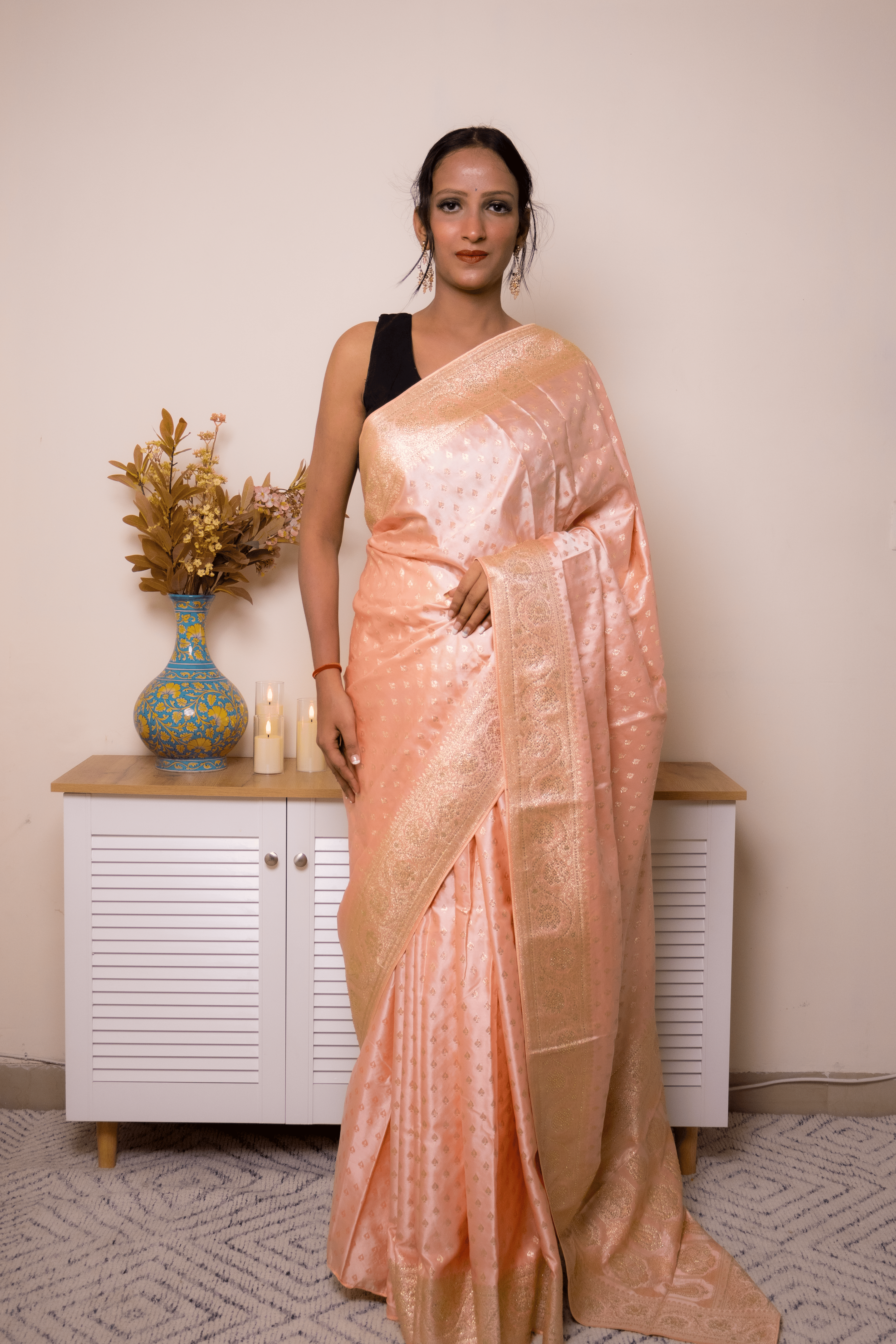 Peach Banarasi Silk Saree with Gold Zari Border - IMG_1060
