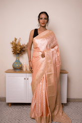 Peach Banarasi Silk Saree with Gold Zari Border - IMG_1060
