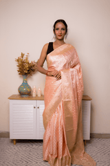 Peach Banarasi Silk Saree with Gold Zari Border - IMG_1061