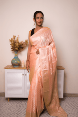 Peach Banarasi Silk Saree with Gold Zari Border - IMG_1062