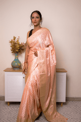 Peach Banarasi Silk Saree with Gold Zari Border - IMG_1063