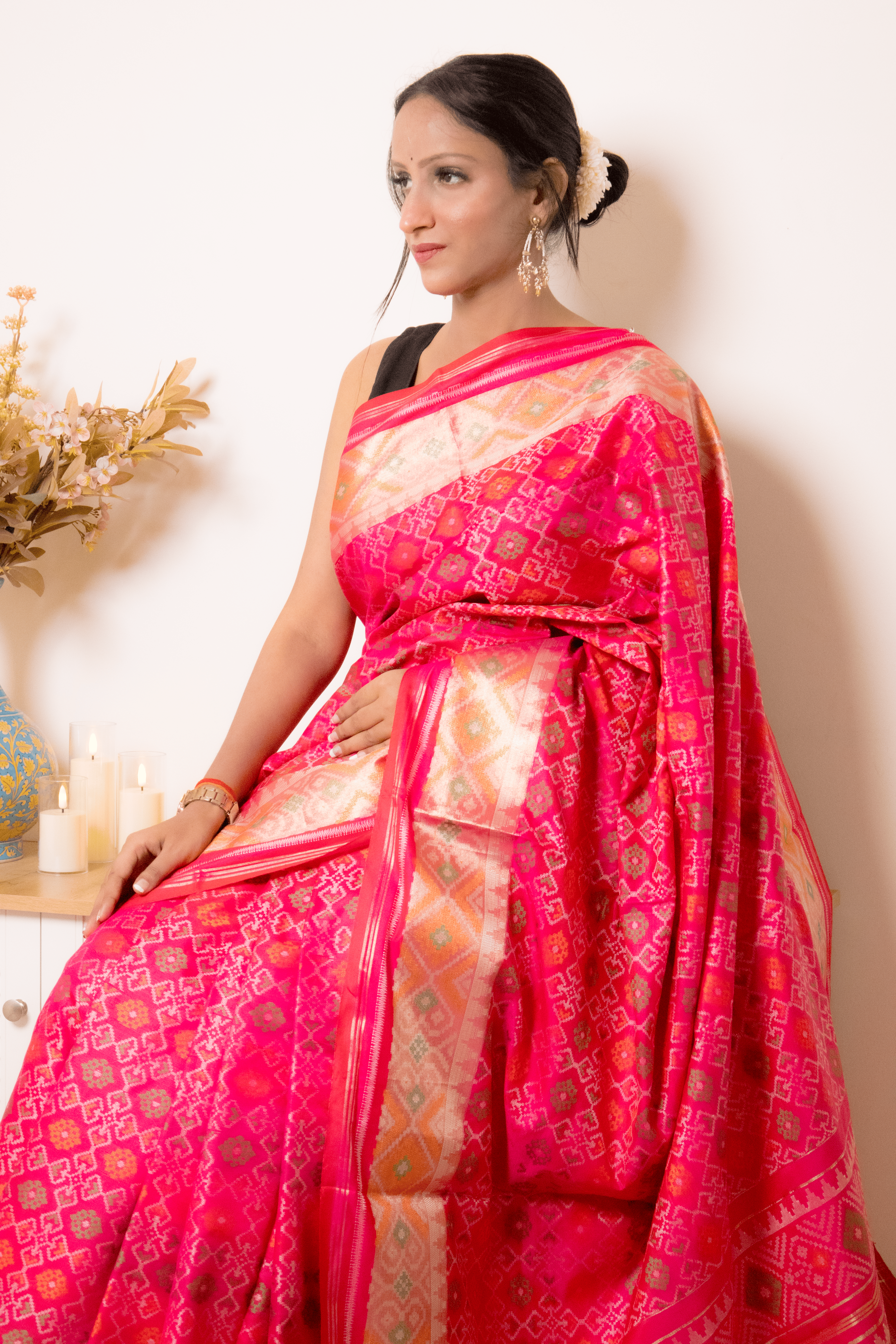 Hot Pink Banarasi Silk Saree with Gold Zari Buti - IMG_1093