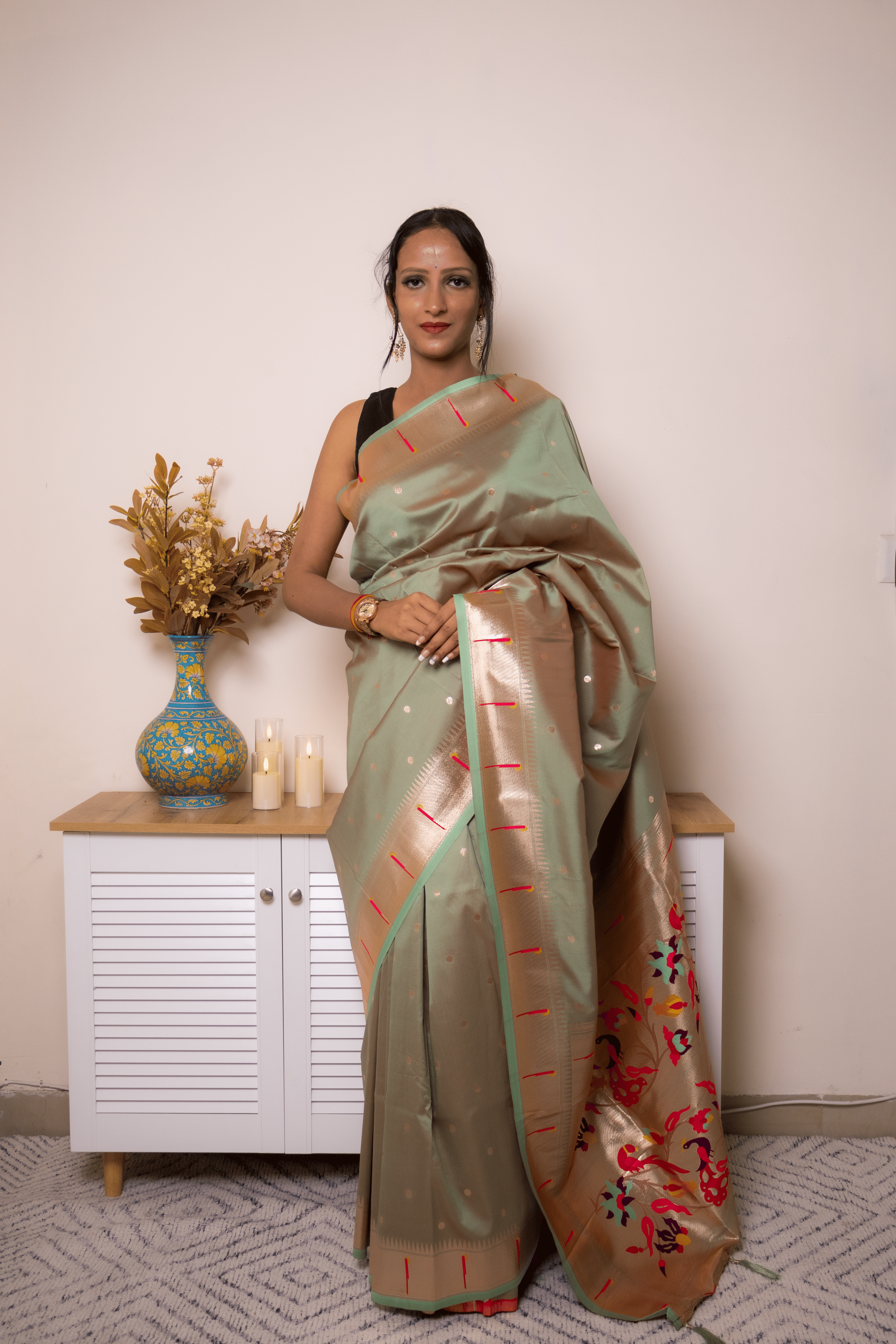 Sage Green Paithani Silk Saree with Gold Zari Pallu - IMG_1138