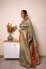 Sage Green Paithani Silk Saree with Gold Zari Pallu - IMG_1140