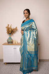 Teal-Gold Paithani Silk Saree with Zari Brocade - IMG_1202
