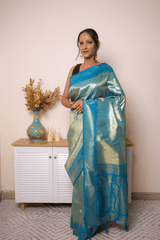 Teal-Gold Paithani Silk Saree with Zari Brocade - IMG_1203