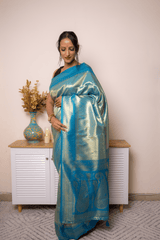 Teal-Gold Paithani Silk Saree with Zari Brocade - IMG_1207