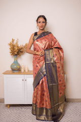 Coral Paithani Silk Saree with Navy Gold Zari Border - IMG_1229
