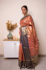 Coral Paithani Silk Saree with Navy Gold Zari Border - IMG_1232