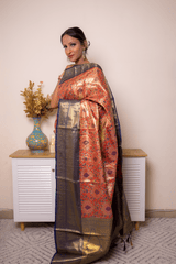 Coral Paithani Silk Saree with Navy Gold Zari Border - IMG_1235