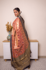 Coral Paithani Silk Saree with Navy Gold Zari Border - IMG_1236