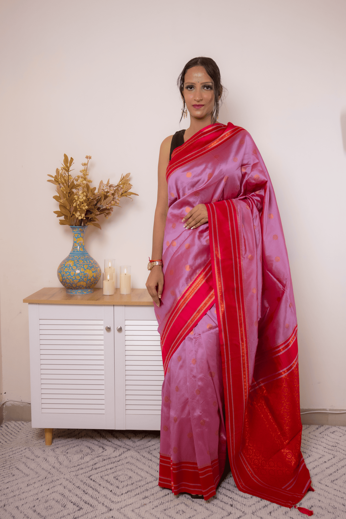 Rose-Lilac Paithani Silk Saree with Red Zari Border - IMG_1252