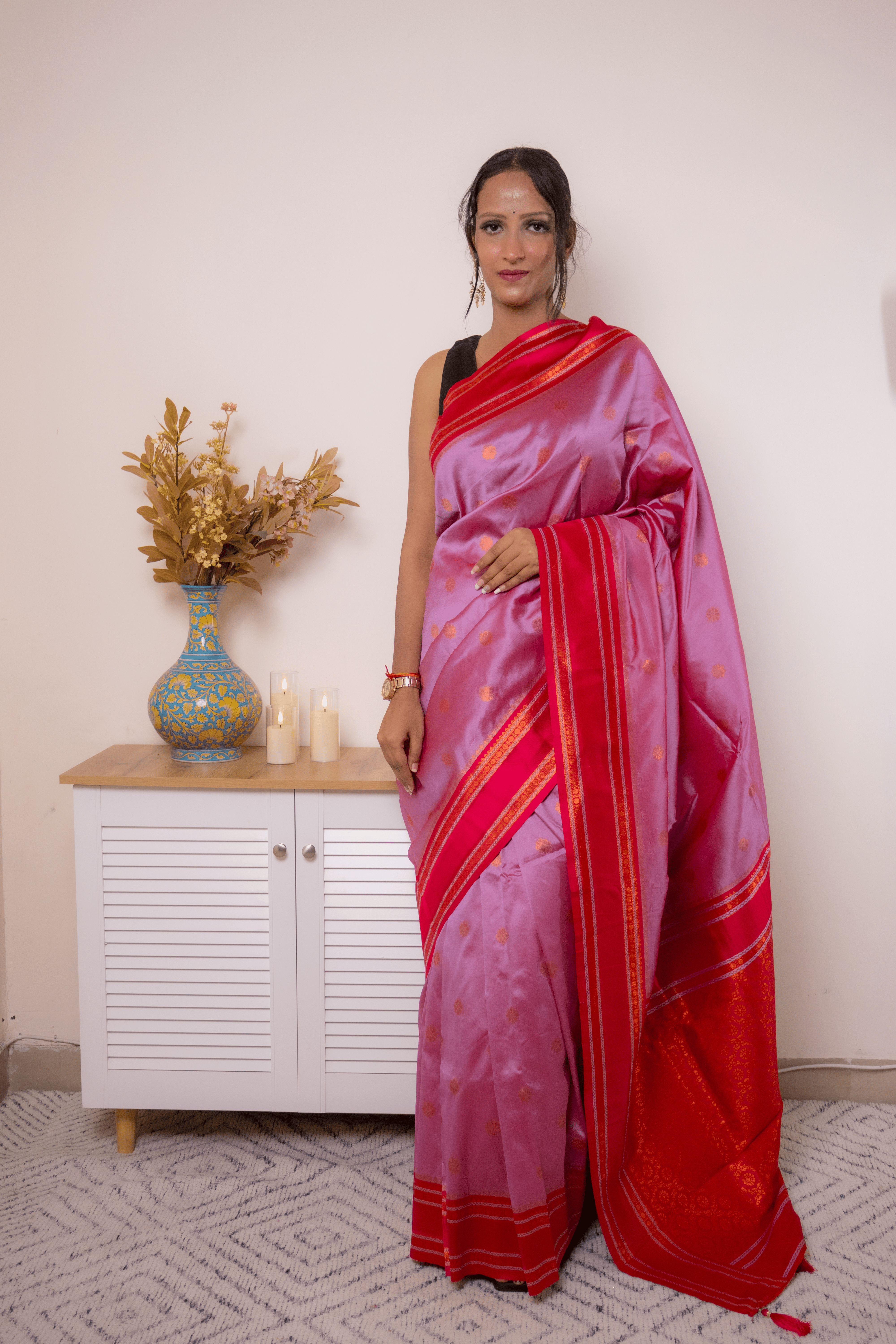 Rose-Lilac Paithani Silk Saree with Red Zari Border - IMG_1252