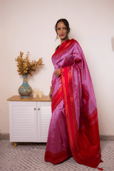 Rose-Lilac Paithani Silk Saree with Red Zari Border - IMG_1253