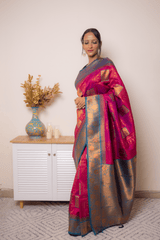 Fuchsia Paithani Silk Saree with Gold Zari Border - IMG_1277