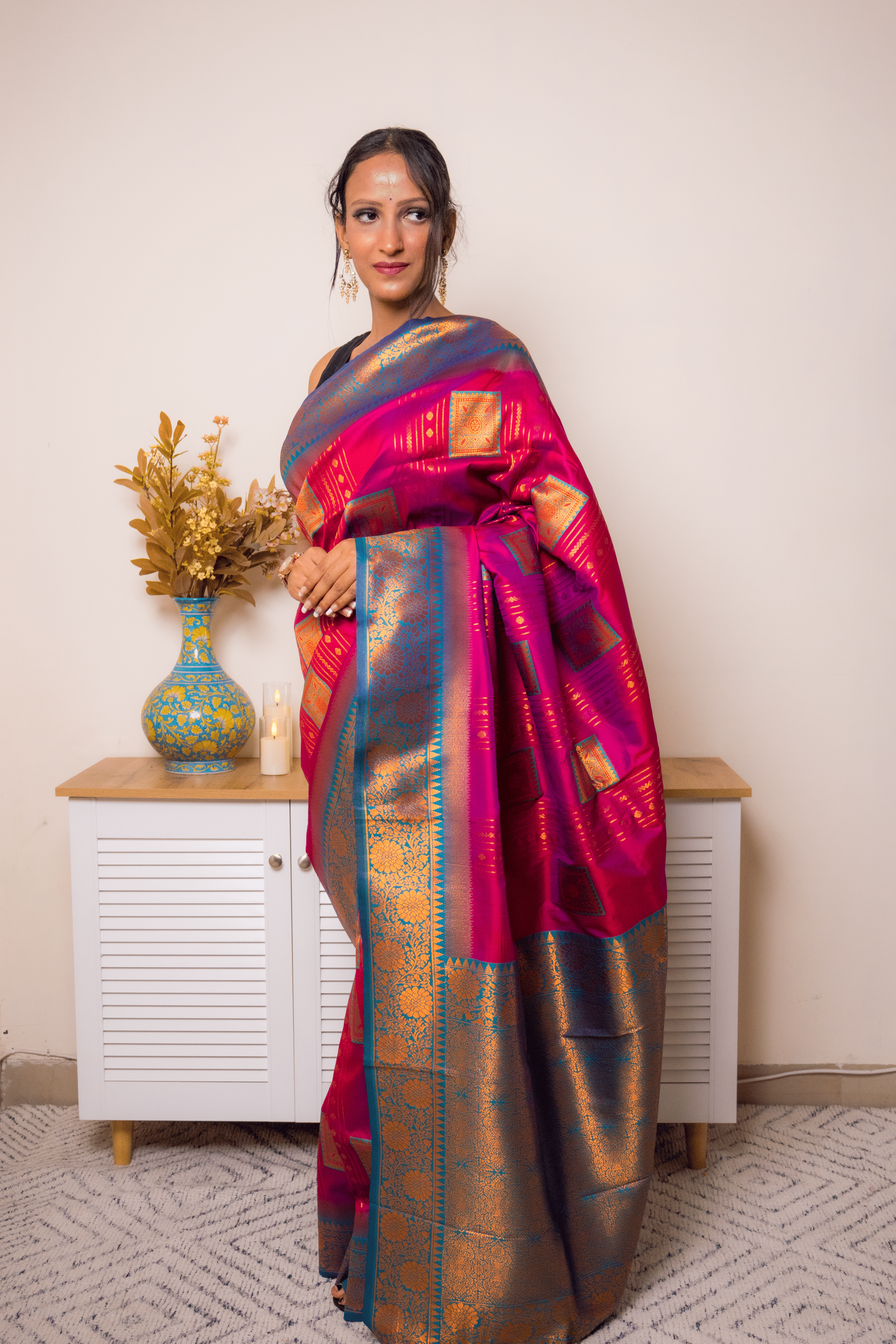 Fuchsia Paithani Silk Saree with Gold Zari Border - IMG_1279