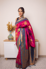 Fuchsia Paithani Silk Saree with Gold Zari Border - IMG_1280
