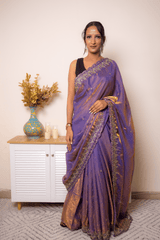 Royal Purple Banarasi Silk Saree with Gold Zari Border - IMG_1306