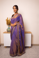 Royal Purple Banarasi Silk Saree with Gold Zari Border - IMG_1310