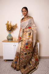 Cream Tussar Silk Kalamkari Saree with Olive Border - IMG_1331