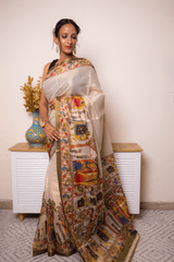 Cream Tussar Silk Kalamkari Saree with Olive Border - IMG_1333