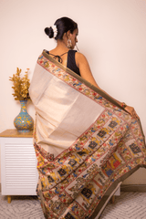 Cream Tussar Silk Kalamkari Saree with Olive Border - IMG_1337