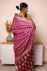 Magenta Banarasi Brocade Silk Saree with Gold Zari - IMG_1357