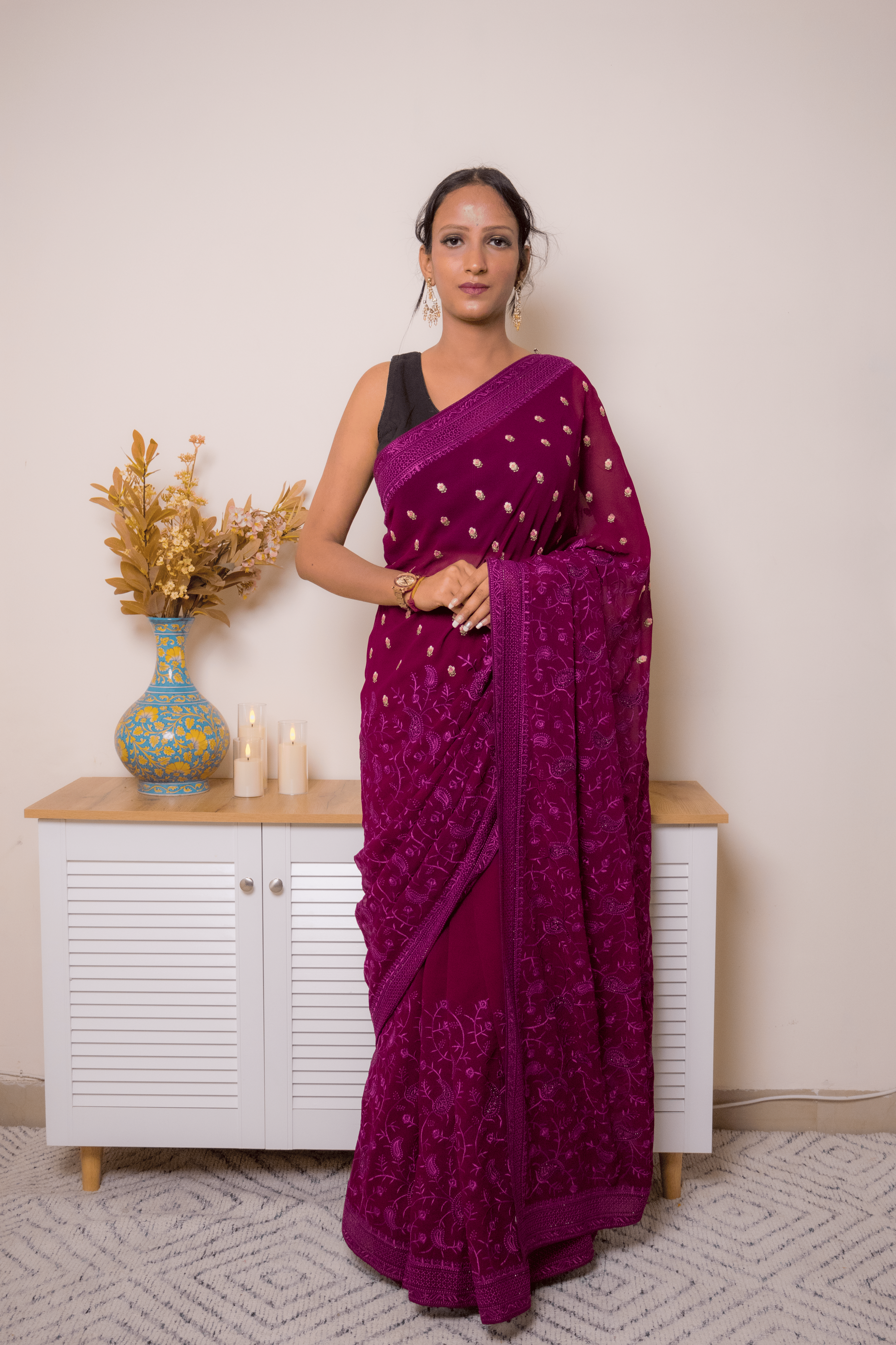 Wine Embroidered Georgette Saree with Gold Buti - IMG_1369