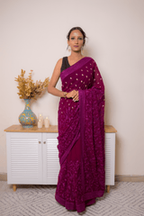Wine Embroidered Georgette Saree with Gold Buti - IMG_1369
