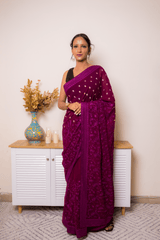 Wine Embroidered Georgette Saree with Gold Buti - IMG_1371