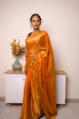 Orange Pure Silk Saree with Gold Zari Paisley Border - IMG_1396